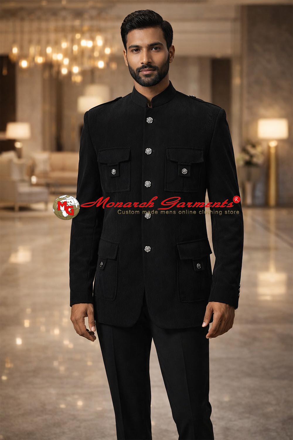 Black corduroy Jodhpuri Bandhgala suit with patch pockets for men by Monarch Garments