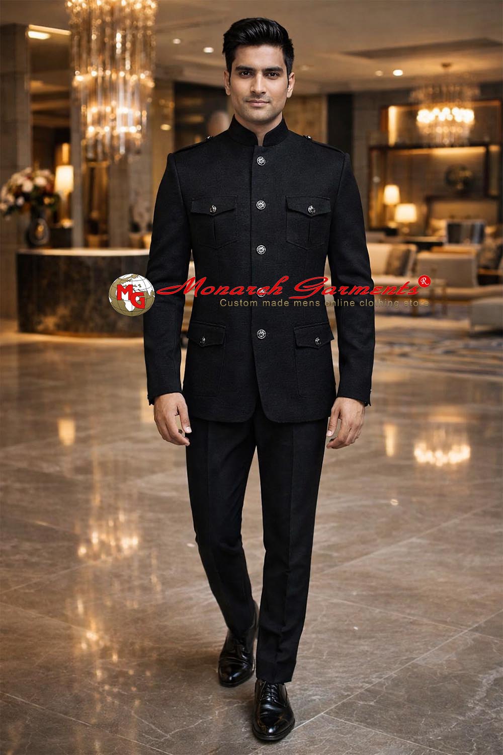 Black corduroy safari Jodhpuri suit for men with 4 pocket bandhgala by Monarch Garments India
