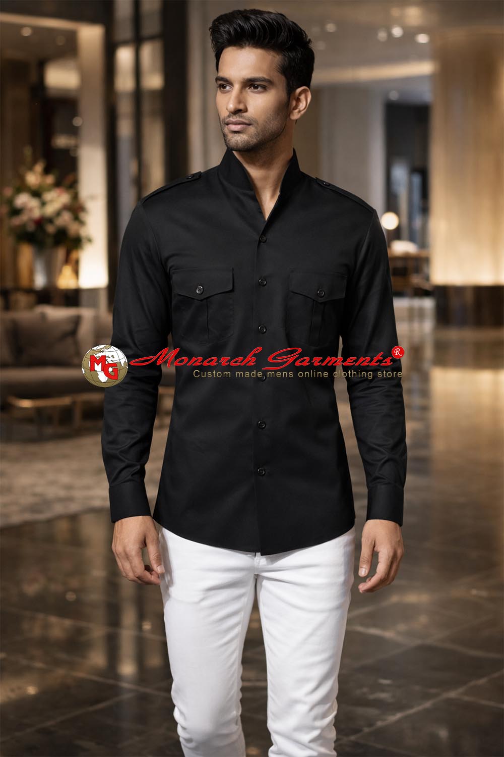 Black cotton safari shirt for men slim fit multi pocket utility style India