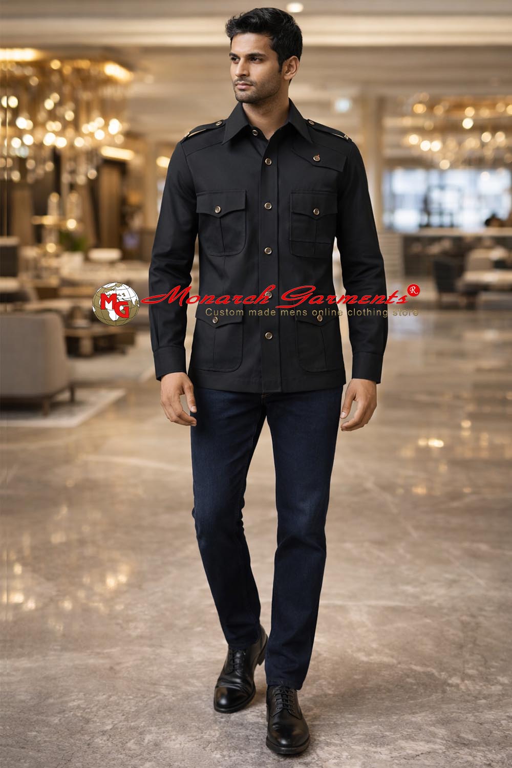 Black cotton safari shirt for men multi pocket slim fit utility wear India