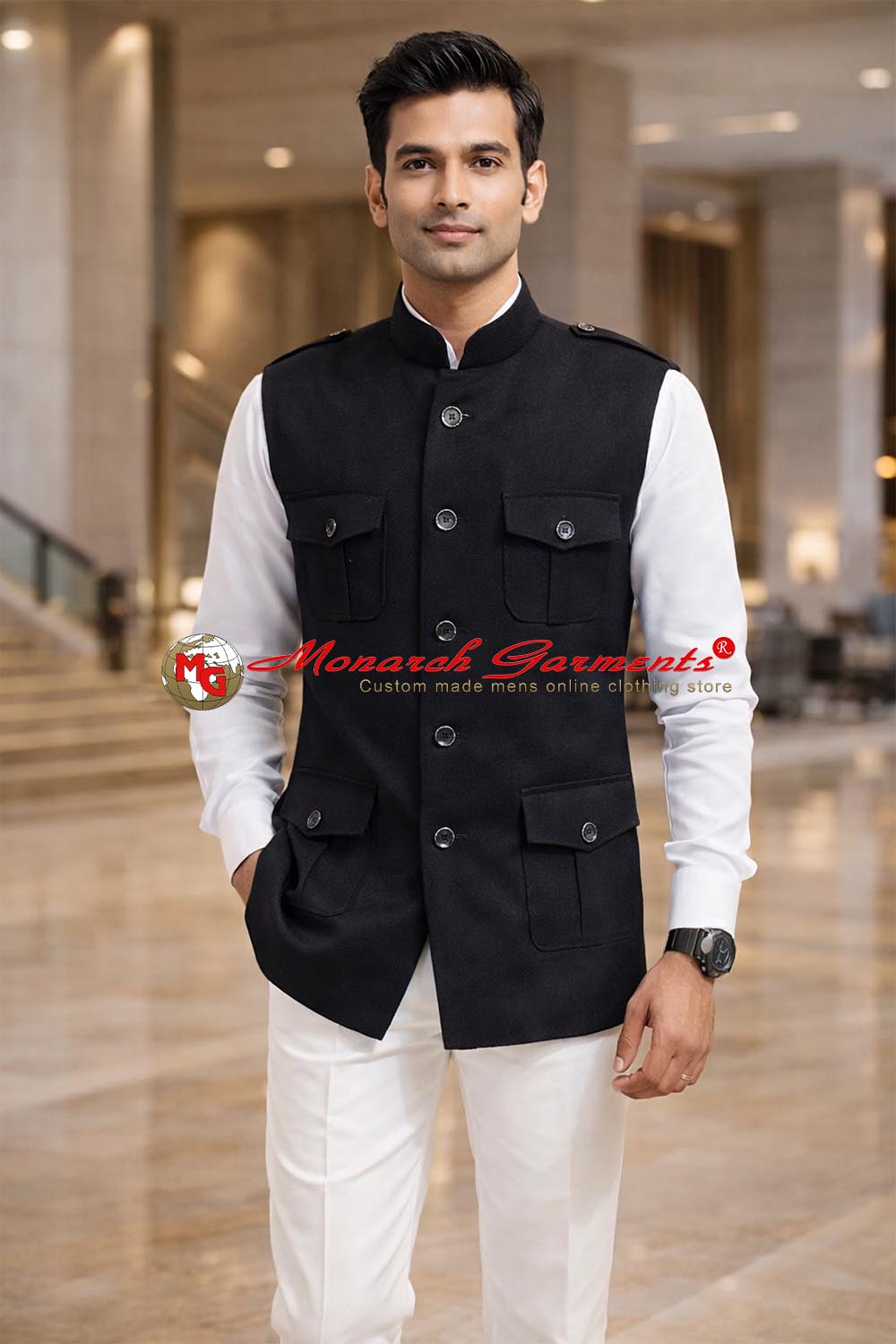 Black safari style Nehru vest for men cotton tailored fit waistcoat for weddings and formal events