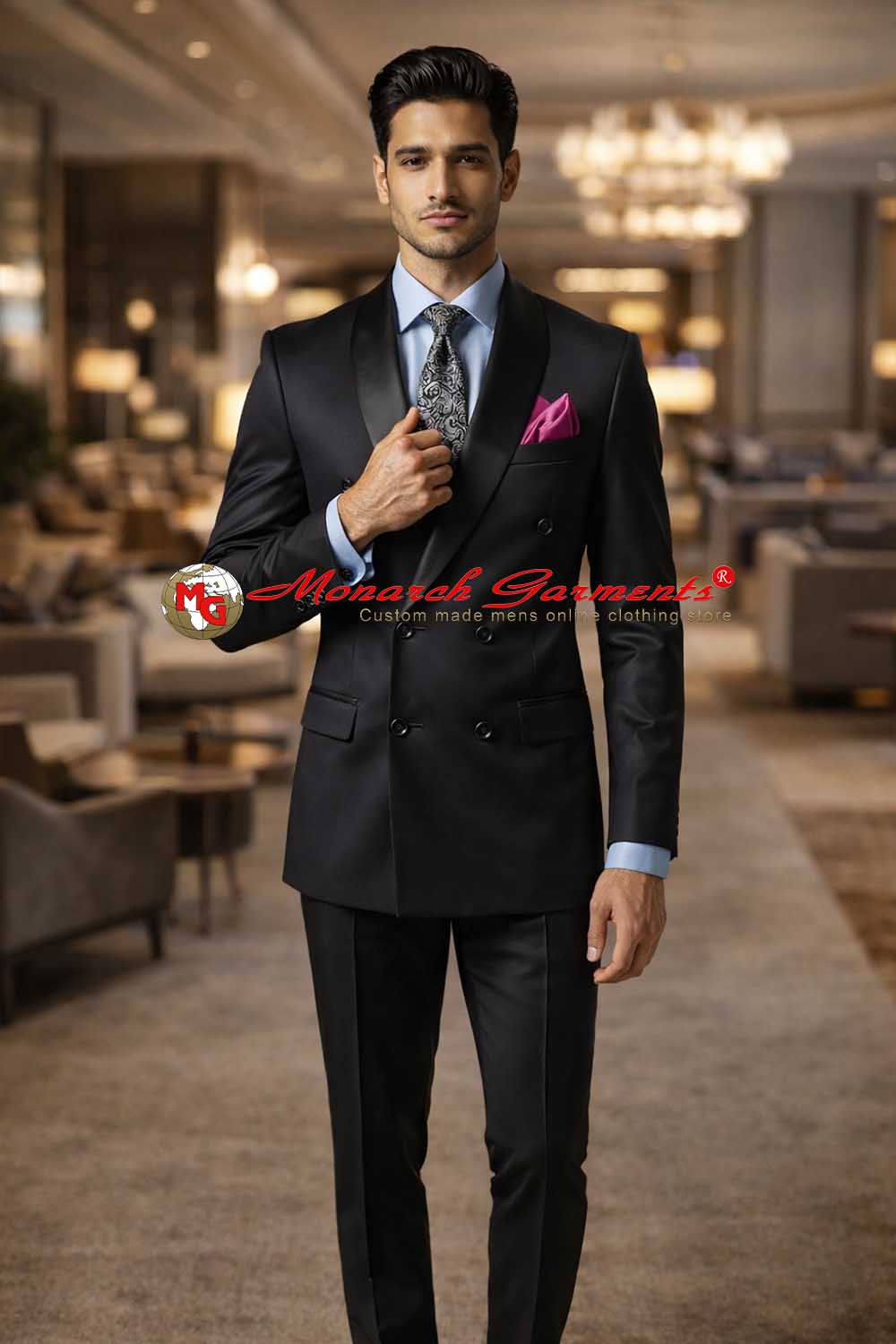 Black double breasted tuxedo suit for men satin shawl lapel slim fit India