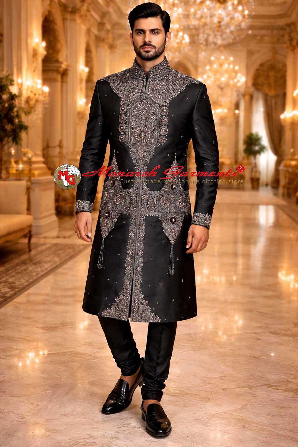 Black dupion silk embroidered wedding sherwani for men with matching churidar by Monarch Garments