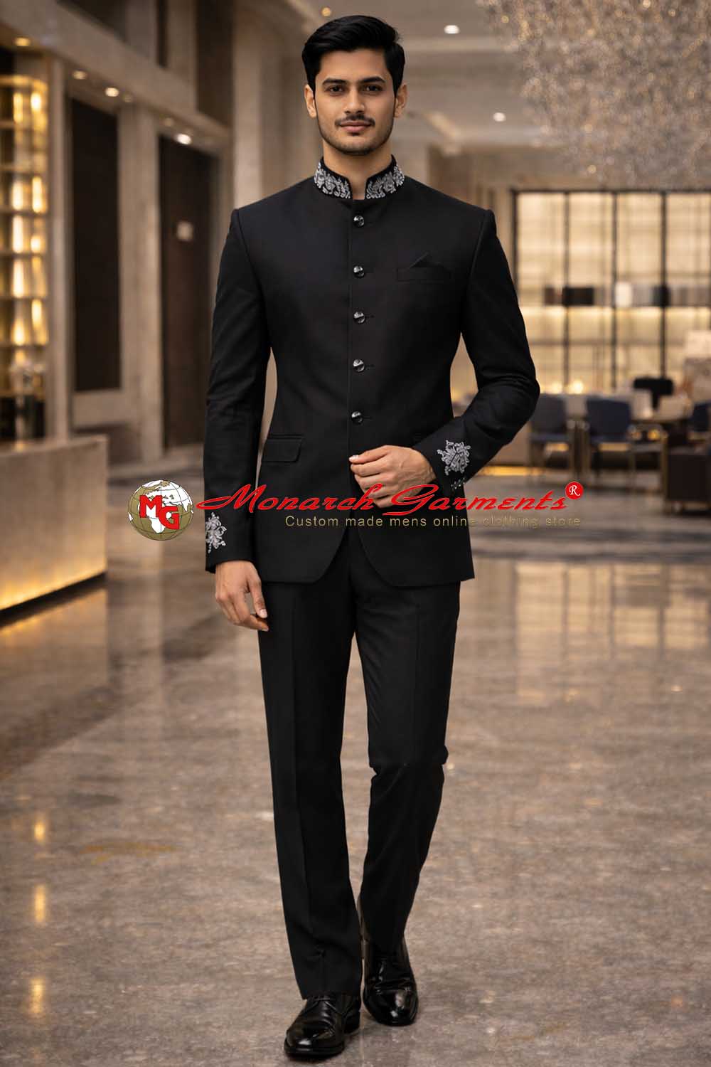 Black embroidered collar Jodhpuri suit for men 5 button bandhgala wedding outfit Monarch Garments