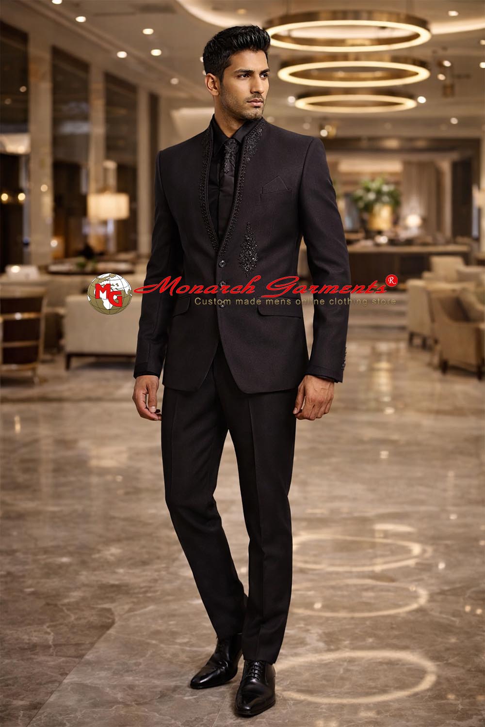 Black embroidered designer tuxedo suit for men with premium fit, ideal for Indian wedding reception and groom wear