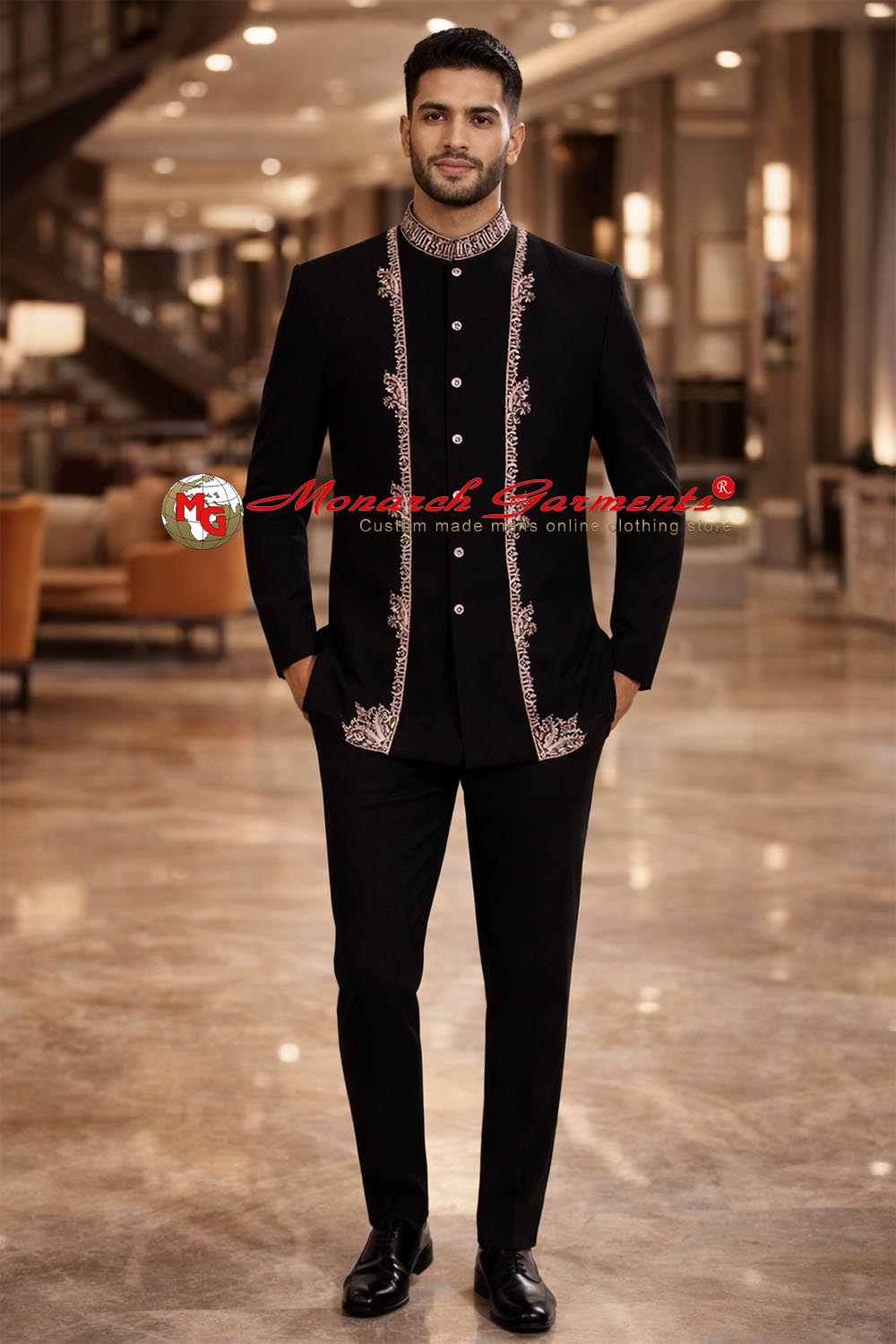 Black embroidered designer wedding suit for men with premium fit, ideal for Indian groom and reception or engagement wear