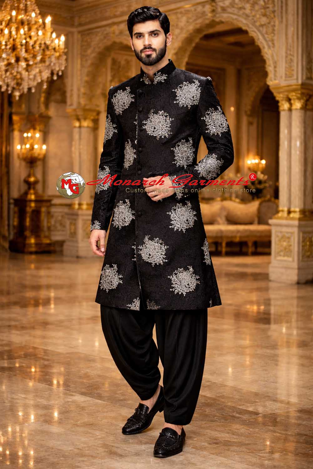 Black embroidered groom sherwani with silver thread work and matching salwar for Indian wedding by Monarch Garments