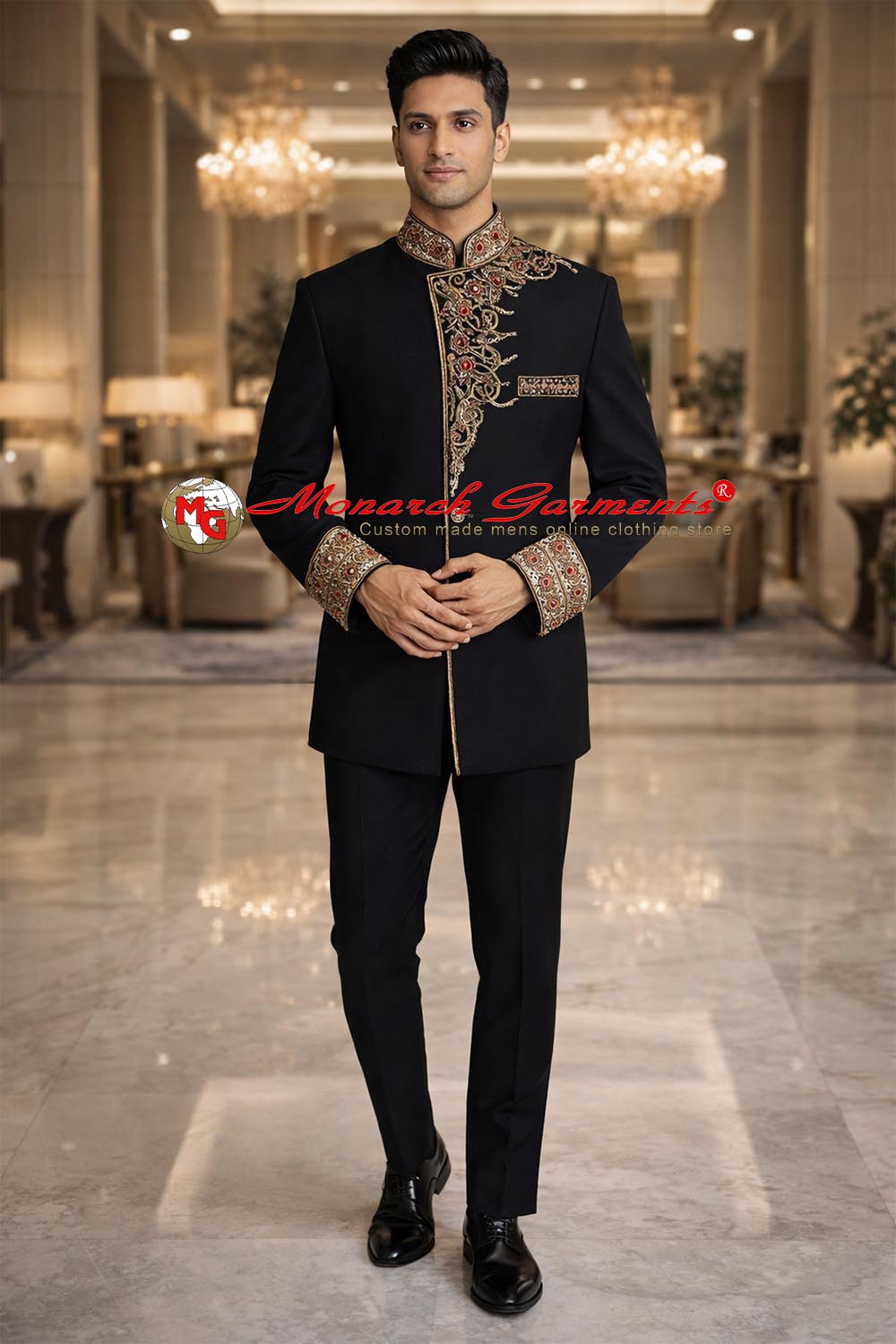 Black embroidered Jodhpuri suit for men with concealed buttons wedding wear