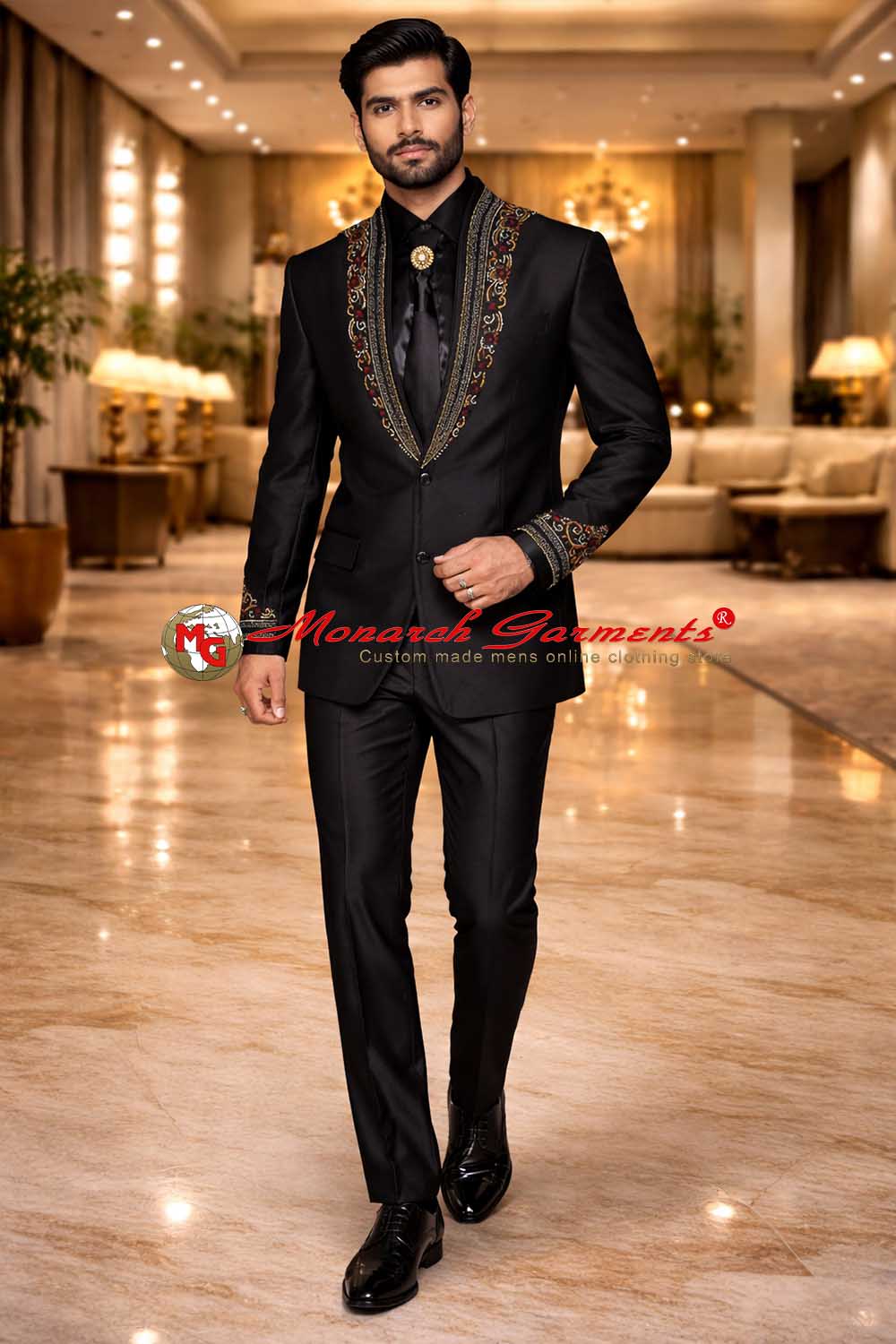 Black embroidered Jodhpuri suit for men luxury Indo-Western wedding outfit Monarch Garments