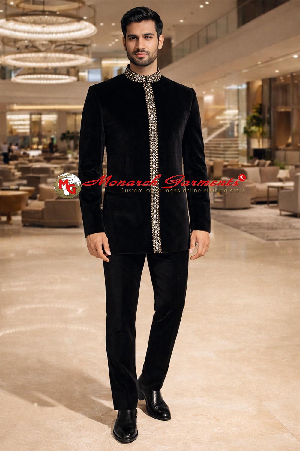 Men wearing black embroidered Jodhpuri suit with concealed buttons for wedding and formal occasions by Monarch Garments India