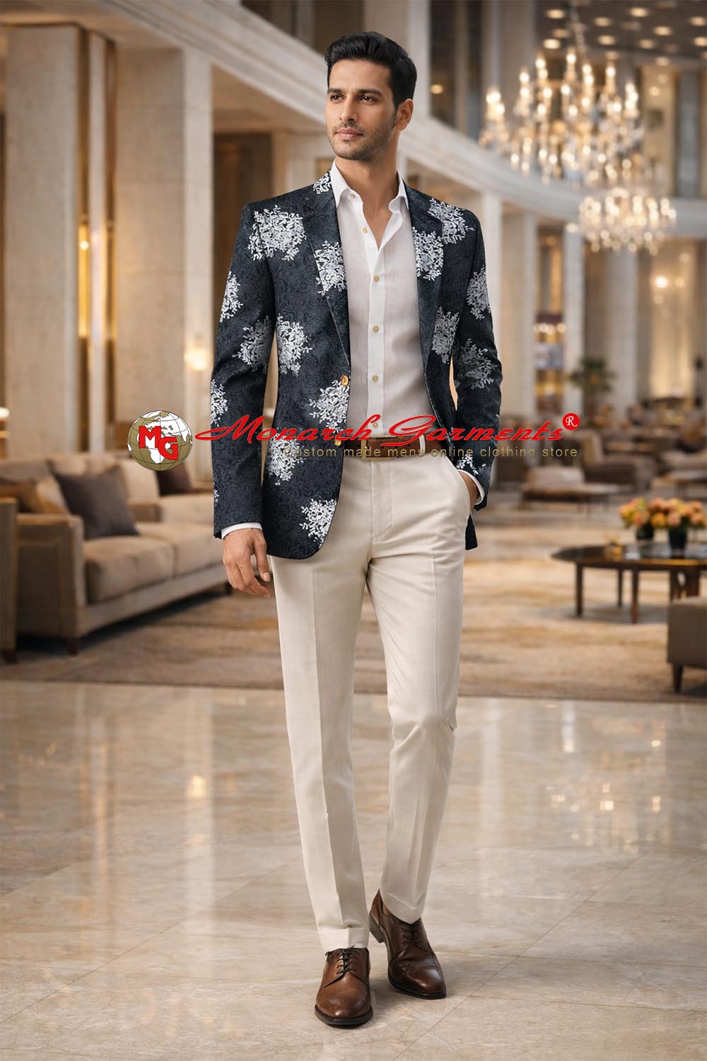 Black embroidered slim fit blazer with notched lapel for men by Monarch Garments