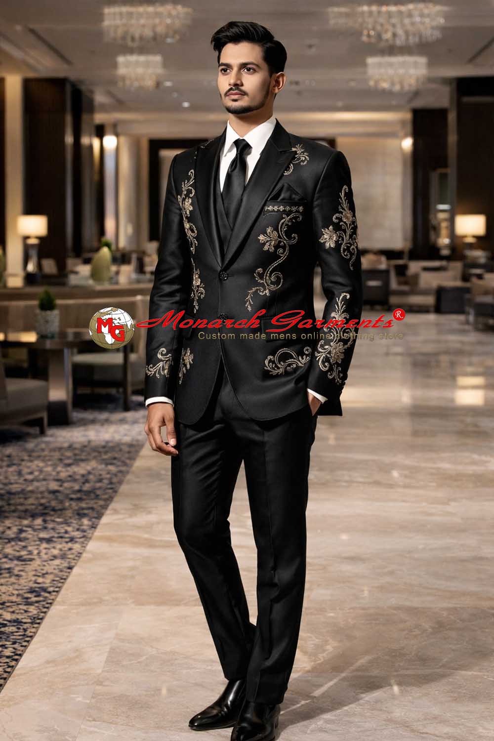 Black embroidered peak lapel tuxedo suit for men slim fit wedding wear India