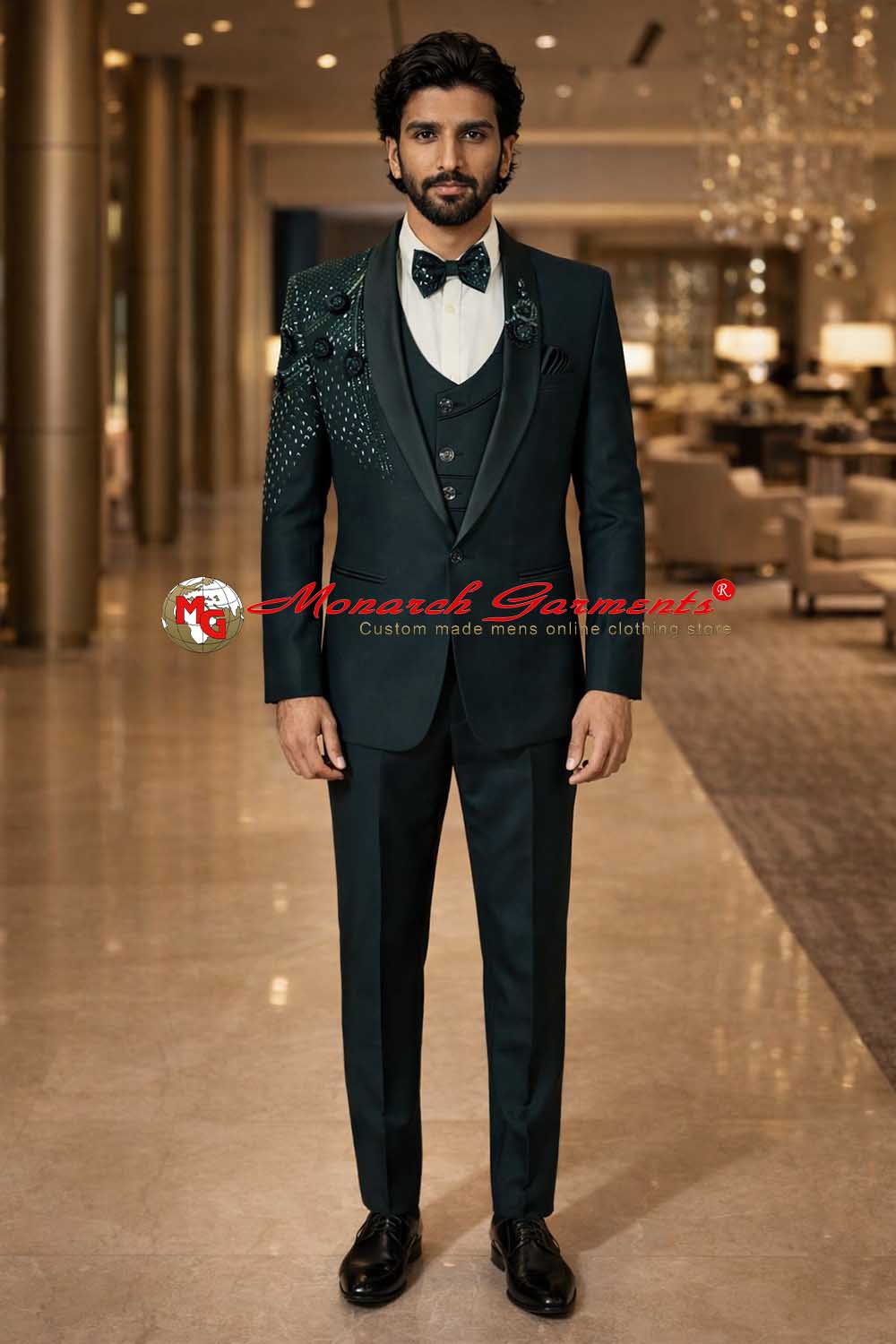 Black embroidered shawl lapel tuxedo suit for men slim fit wedding wear India