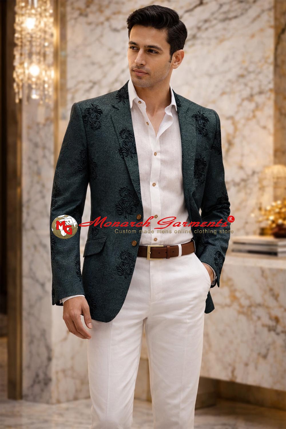 Black embroidered slim fit blazer for men with notch collar by Monarch Garments