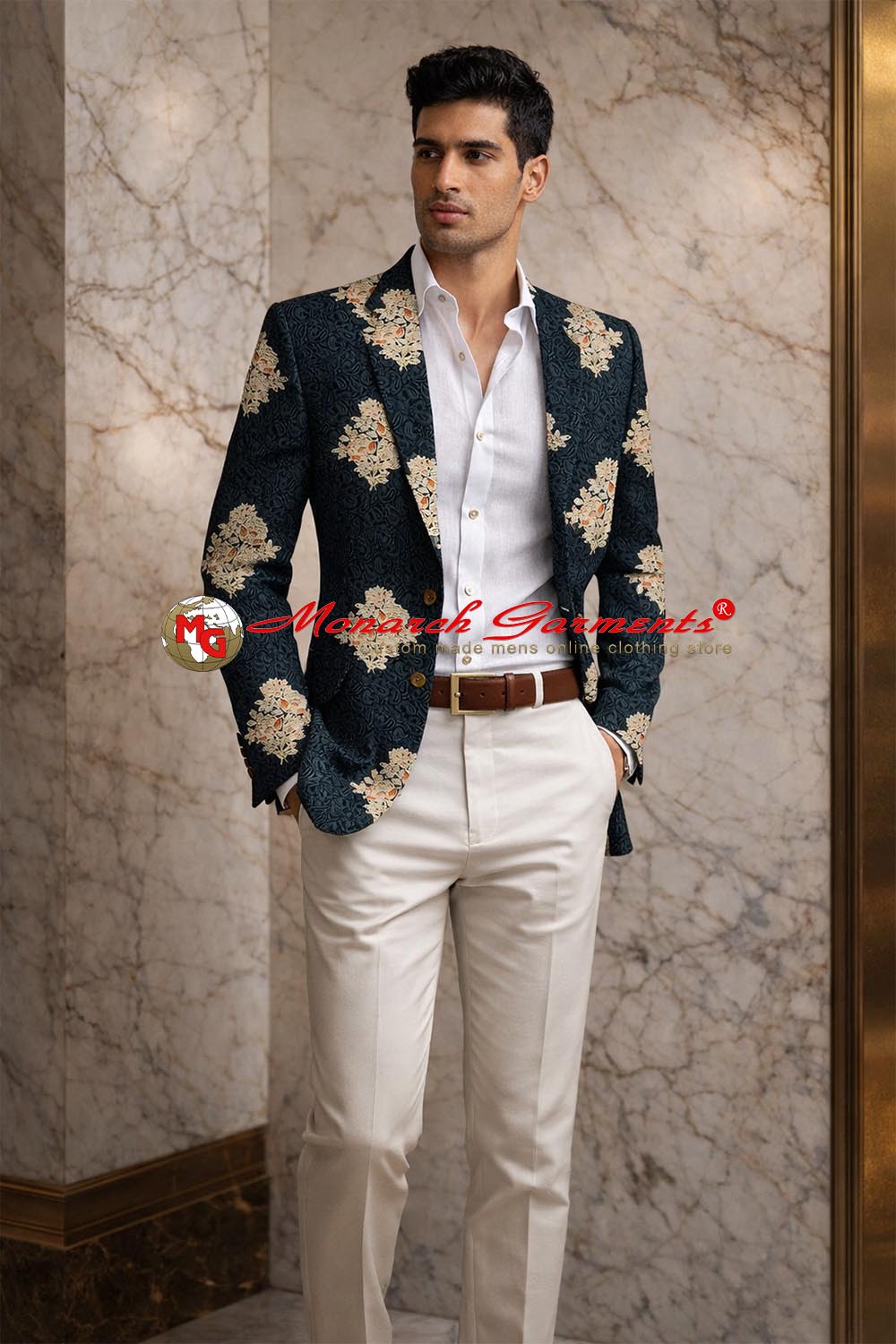Black floral embroidered slim fit blazer for men with notch collar by Monarch Garments