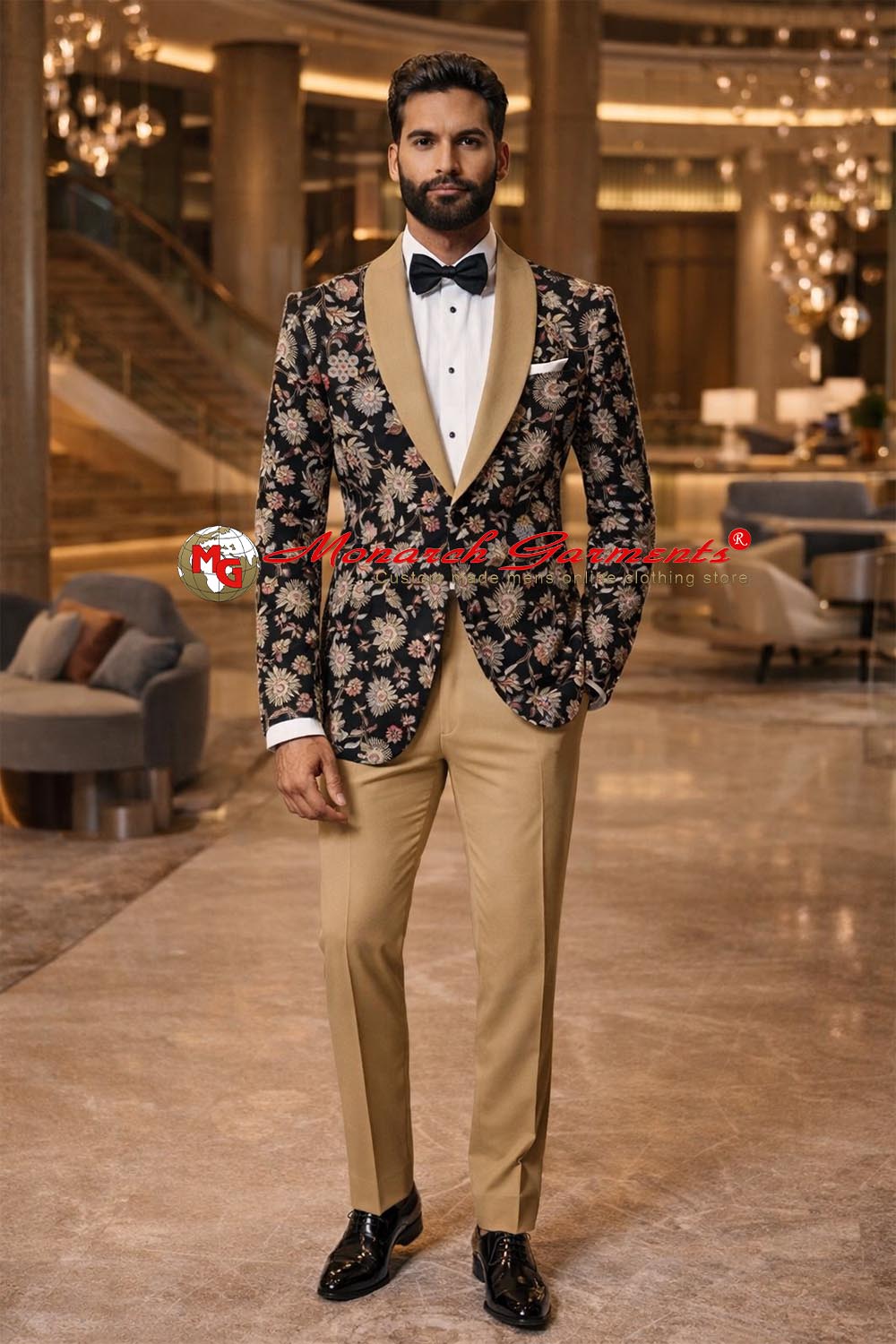 Men wearing black velvet tuxedo jacket with floral embroidery and shawl lapel for wedding and gala events India