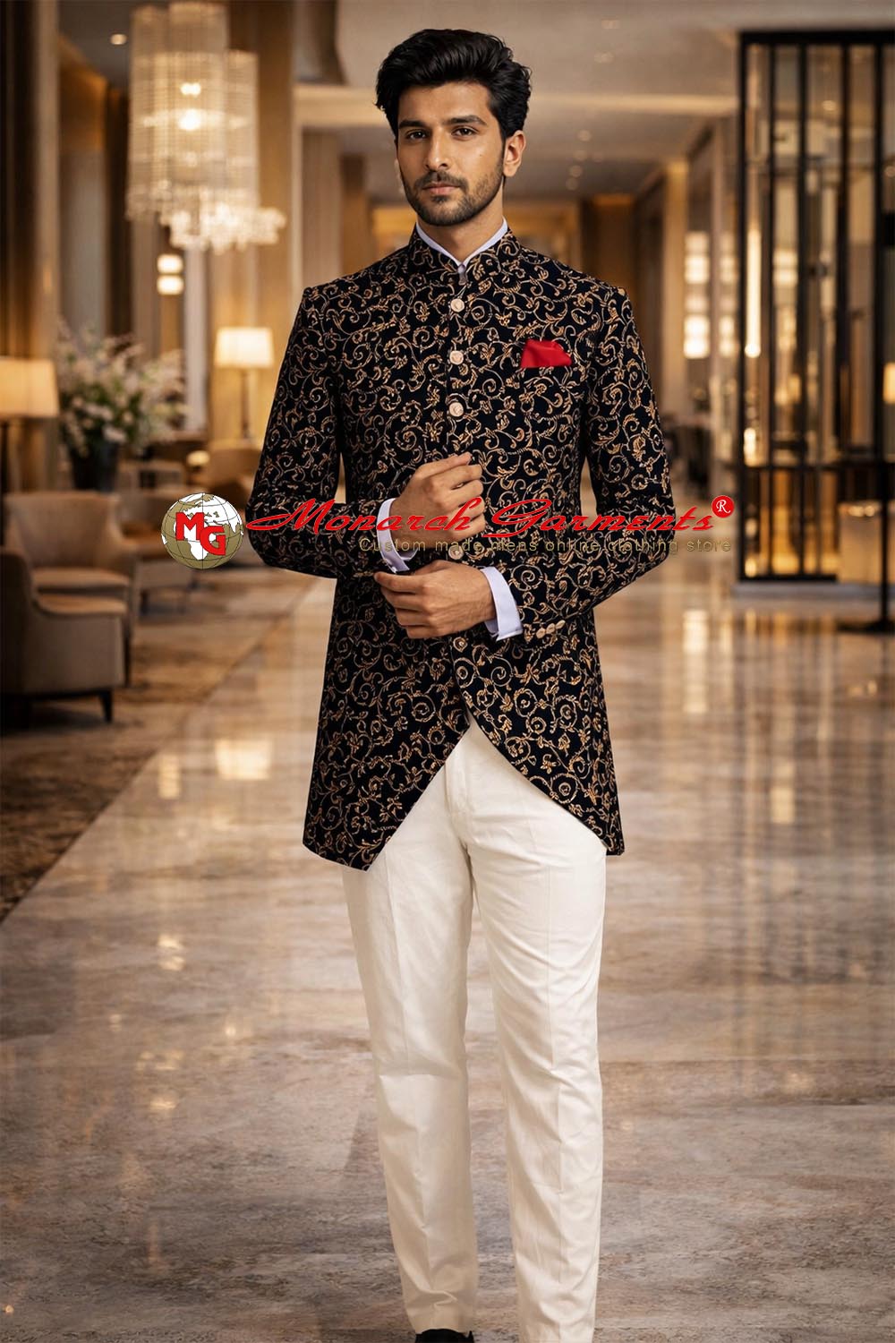 Black floral print designer Jodhpuri suit with cream trousers and pocket square by Monarch Garments