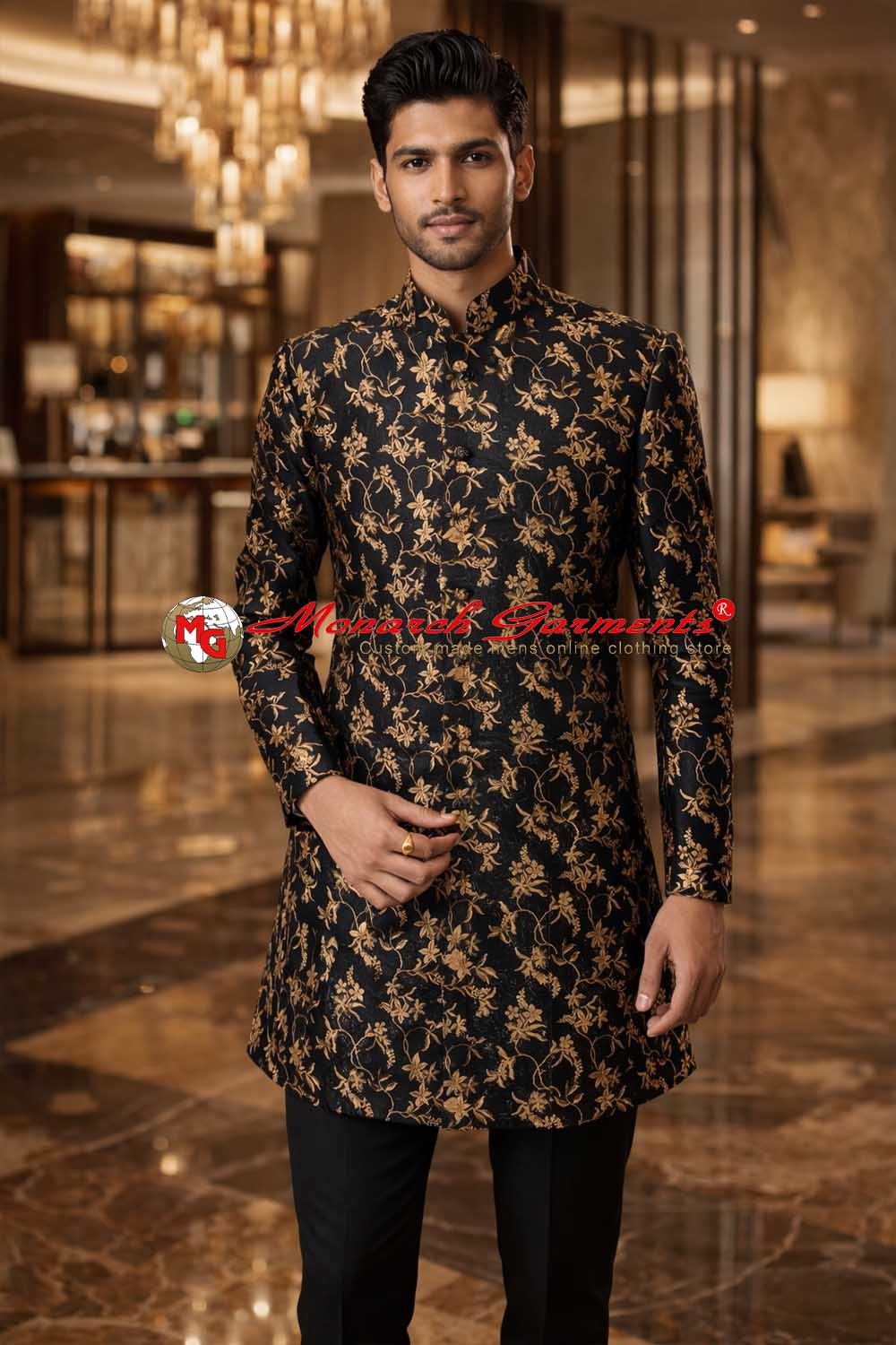 Black floral sherwani suit for men with gold pattern and black trouser wedding wear