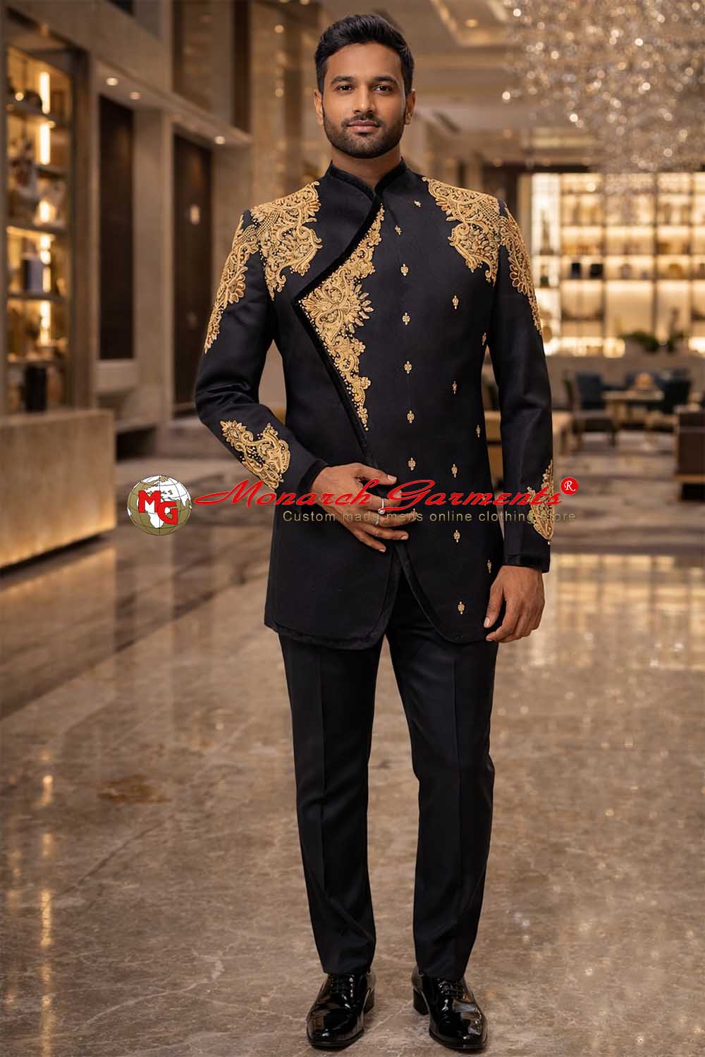 black and gold embroidered jodhpuri suit for men luxury bandhgala wedding outfit monarch garments
