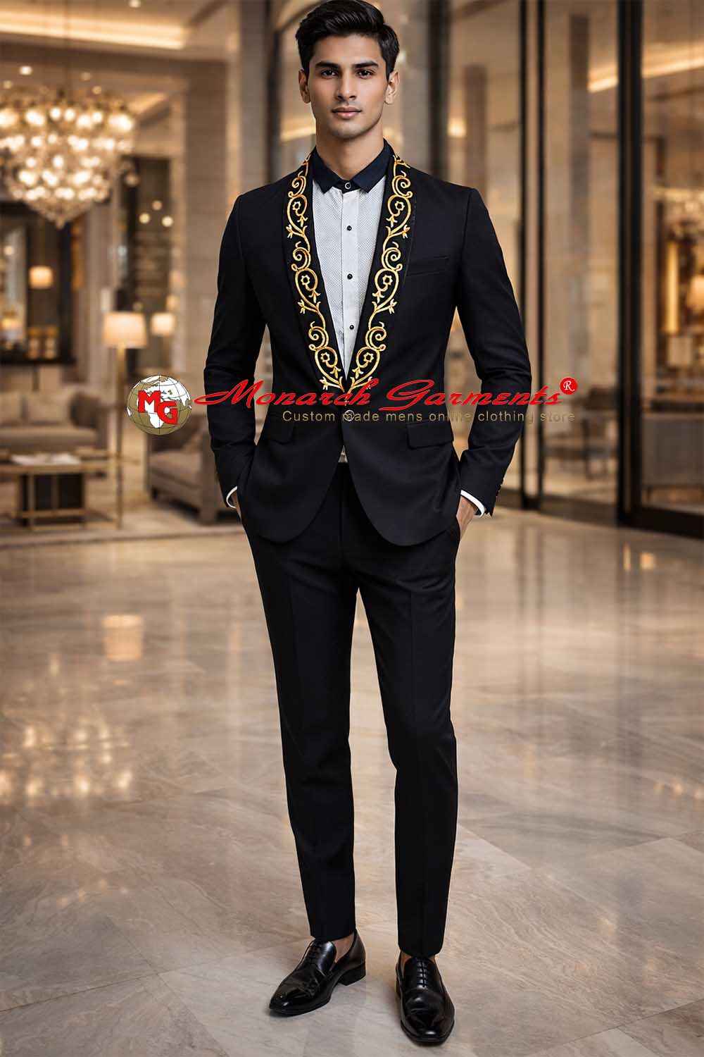 Men’s black tuxedo suit with gold embroidered shawl lapel slim fit