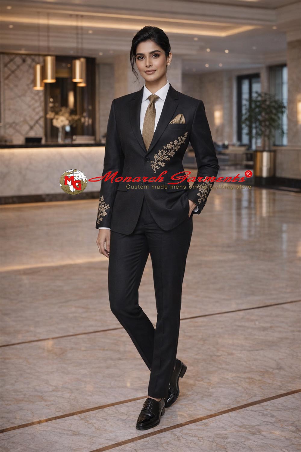 Black gold embroidered 2 piece suit for women slim fit designer formal outfit for wedding and grand occasions