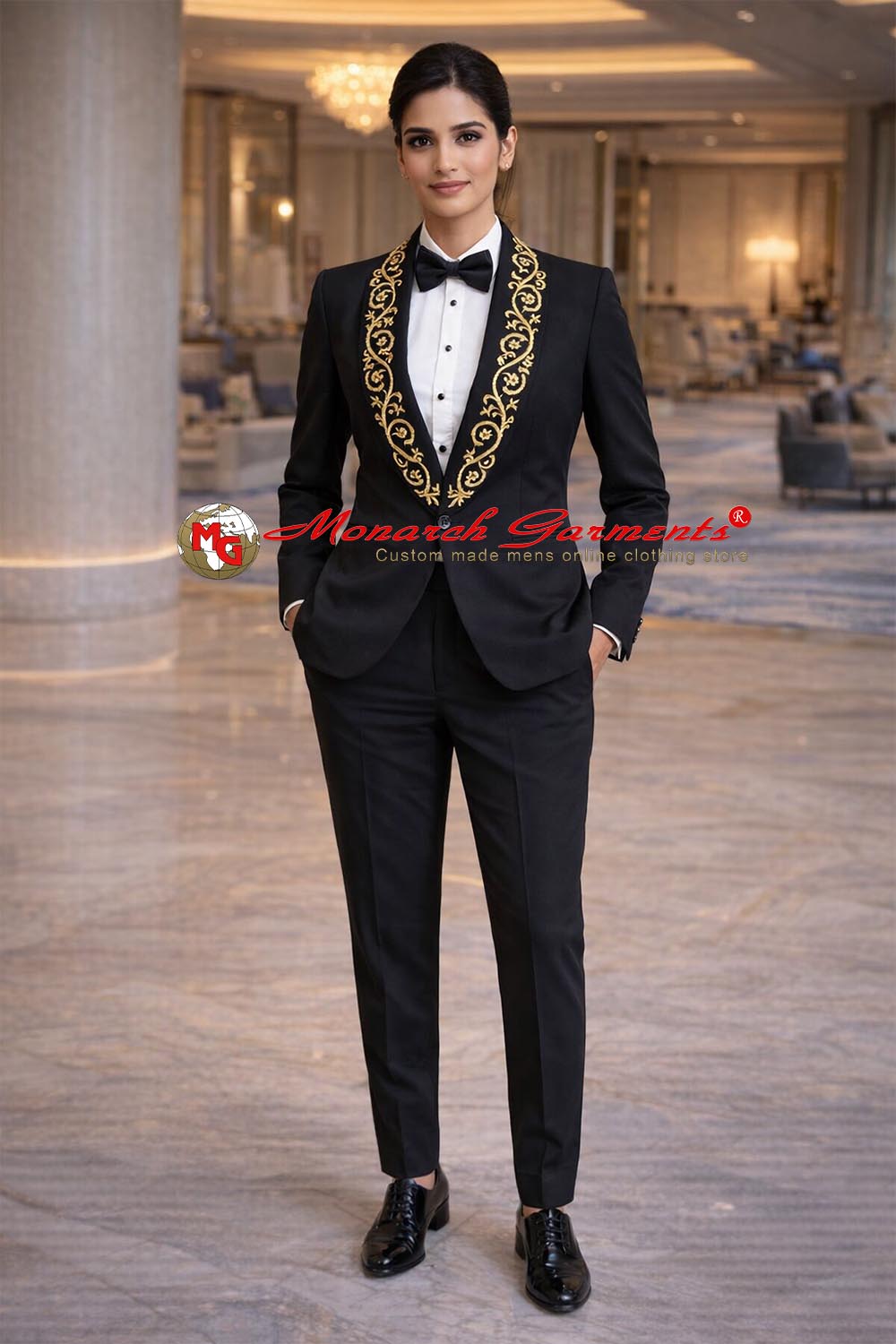 Black gold embroidered 2 piece suit for women slim fit luxury formal suit for wedding and gala events in India