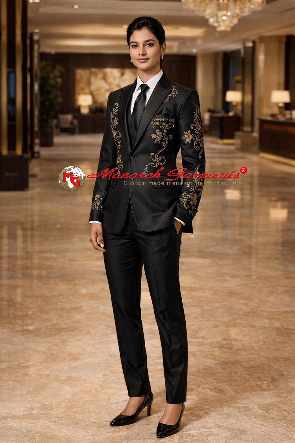 Black gold heavy embroidered 2 piece suit for women slim fit luxury formal suit for wedding and grand events in India