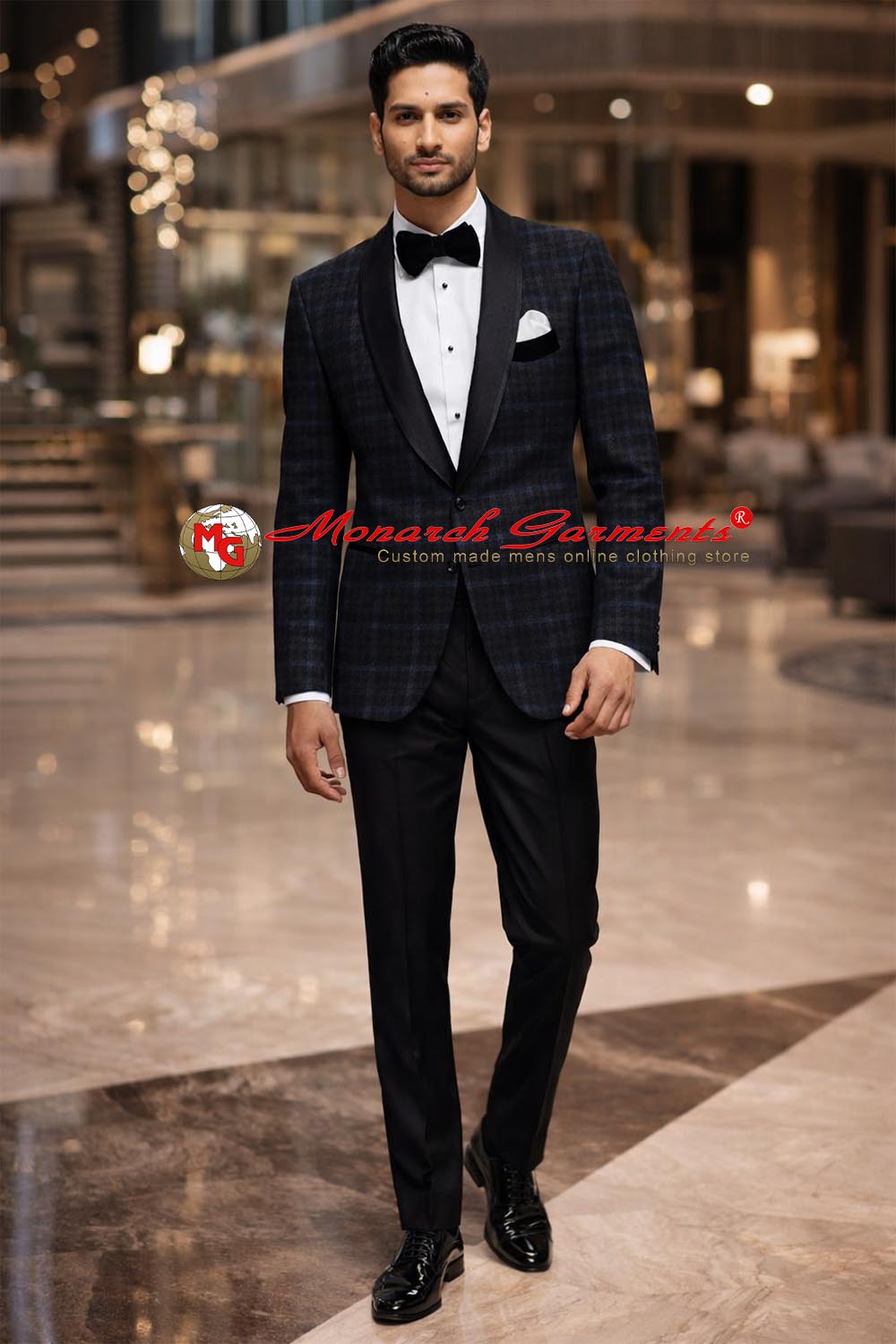 Men wearing black base grey checks blazer for wedding reception and formal occasions India
