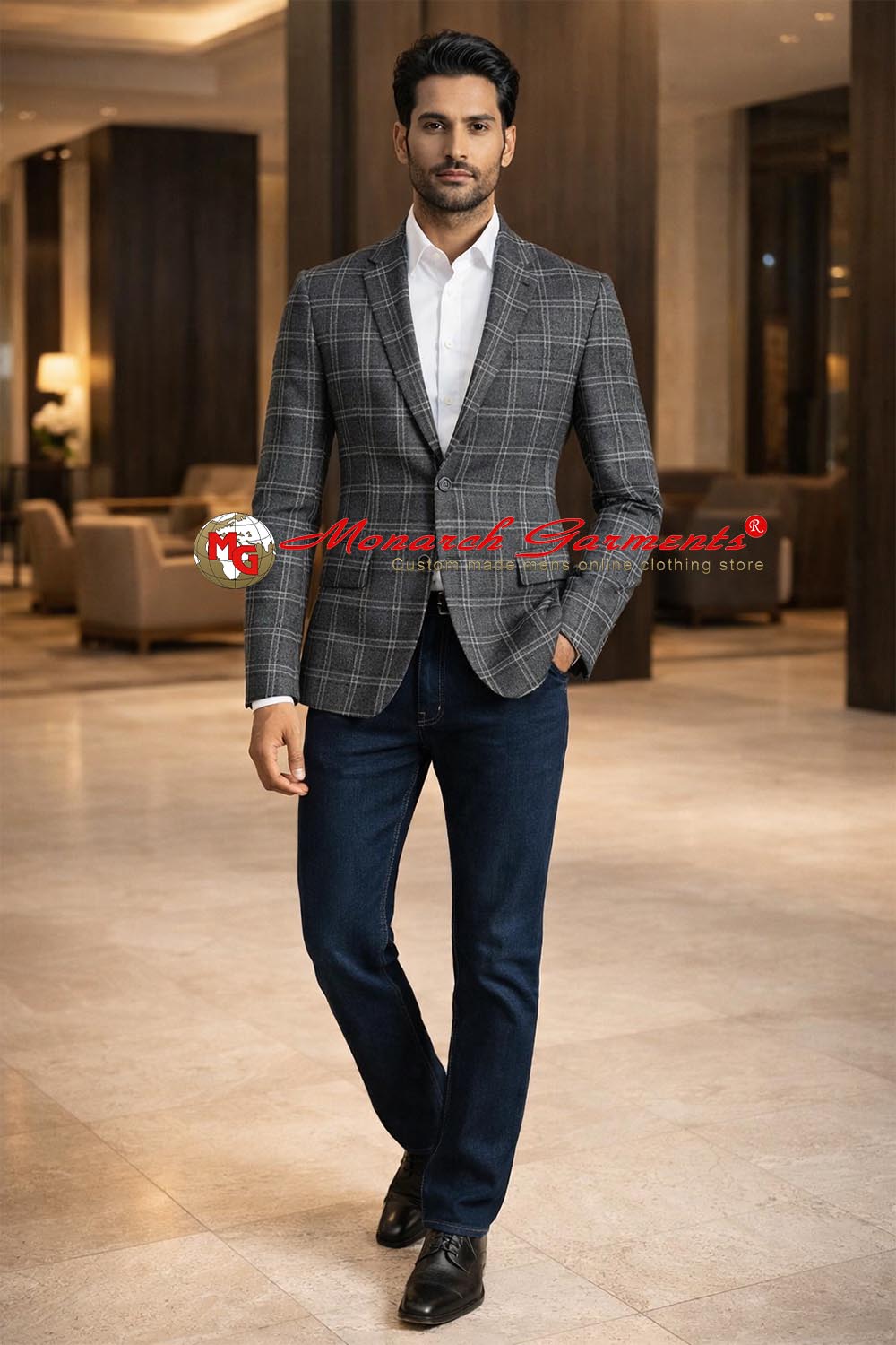 Men wearing black grey windowpane check blazer with white shirt and jeans for smart casual and office wear