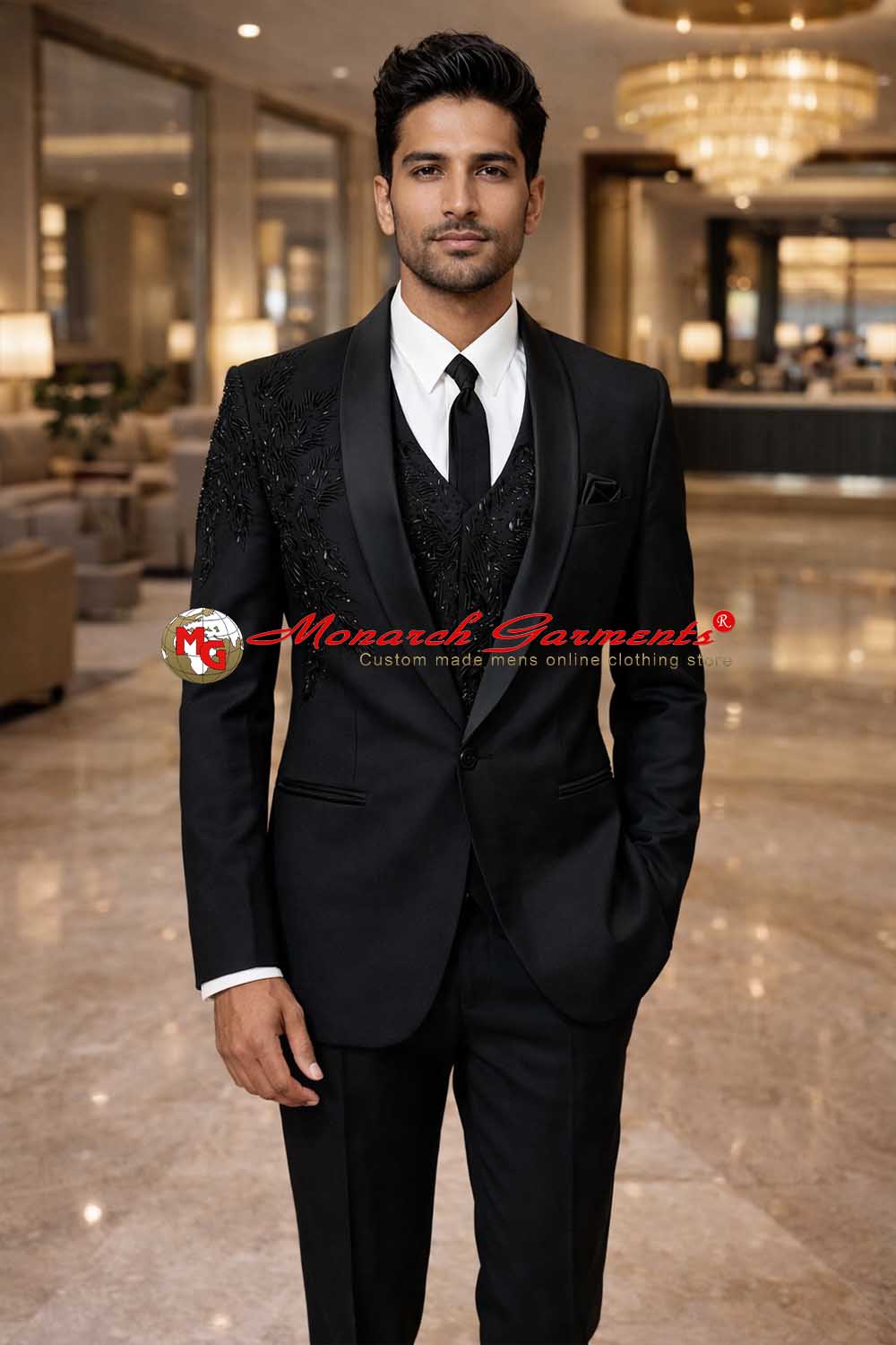 Black hand embroidered shawl lapel tuxedo suit for men slim fit wedding wear India
