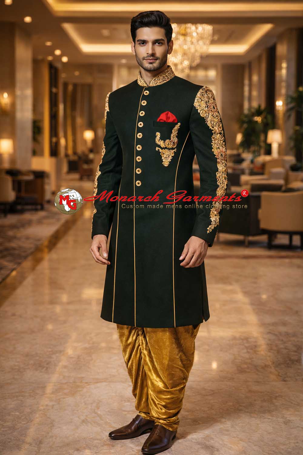 Black hand embroidered sherwani for men with golden velvet salwar wedding outfit