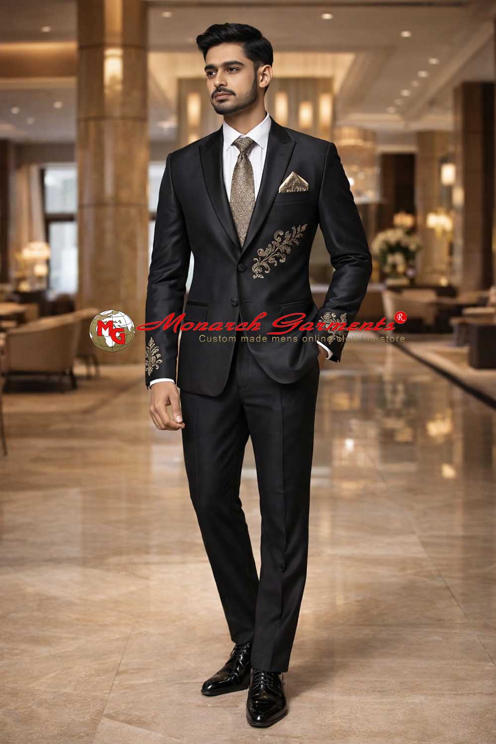 Black embroidered tuxedo suit for men slim fit wedding wear India