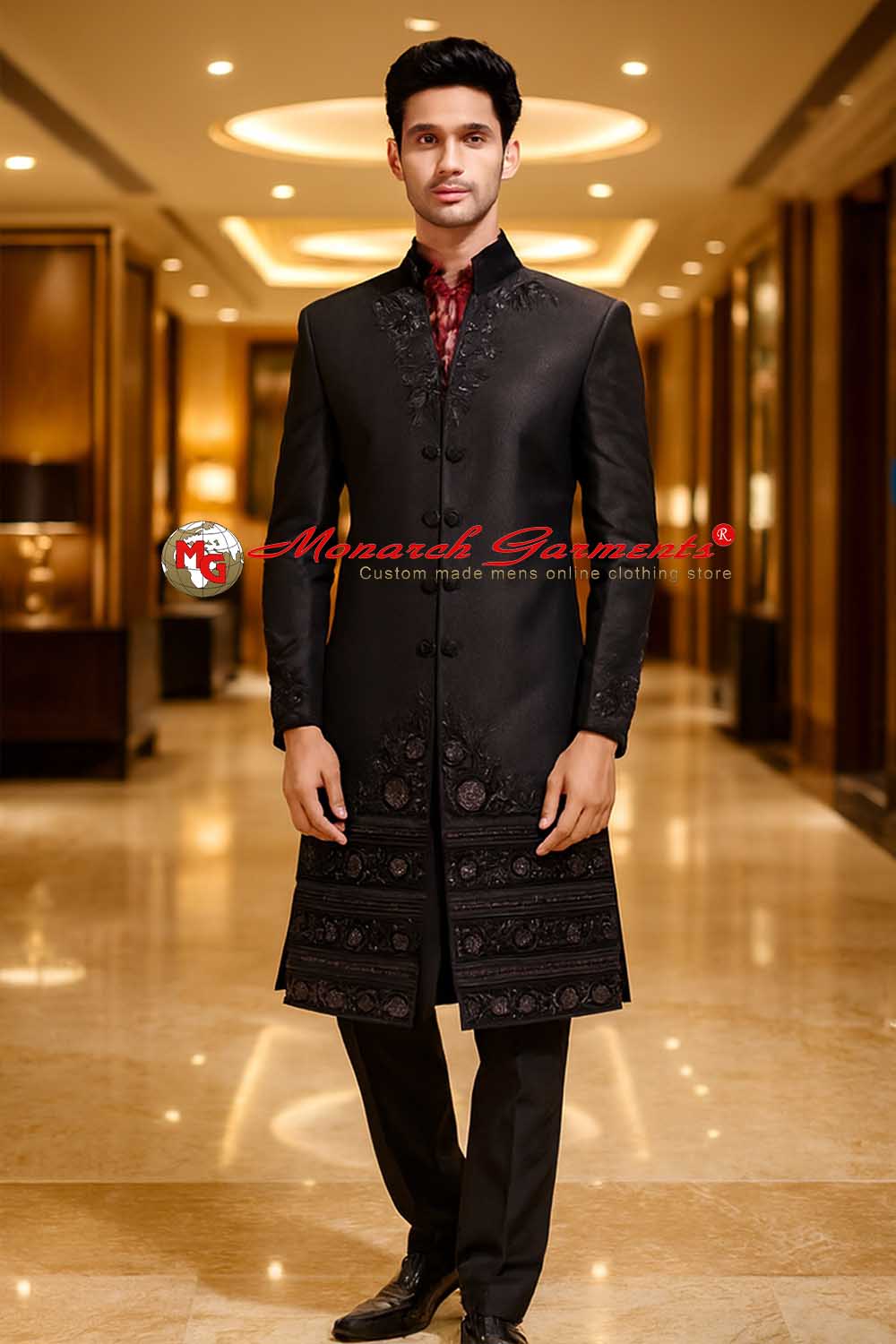 Black high neck Indo western suit for men with embroidery wedding wear