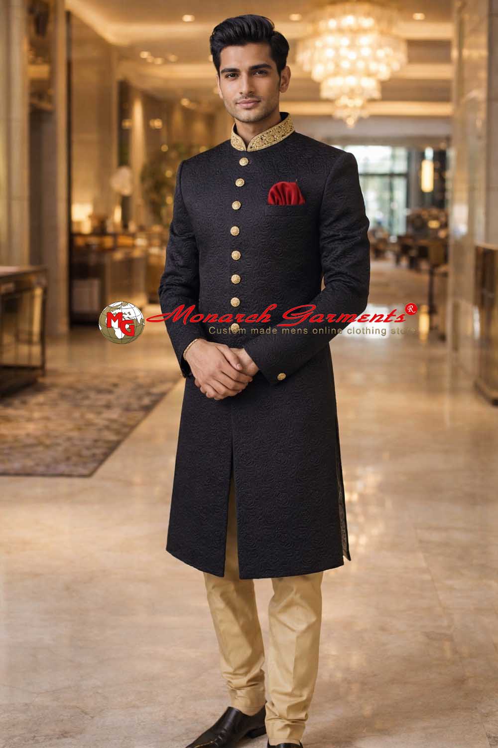 Black Indo Western suit for men with gold neck embroidery and golden pyjama wedding outfit India