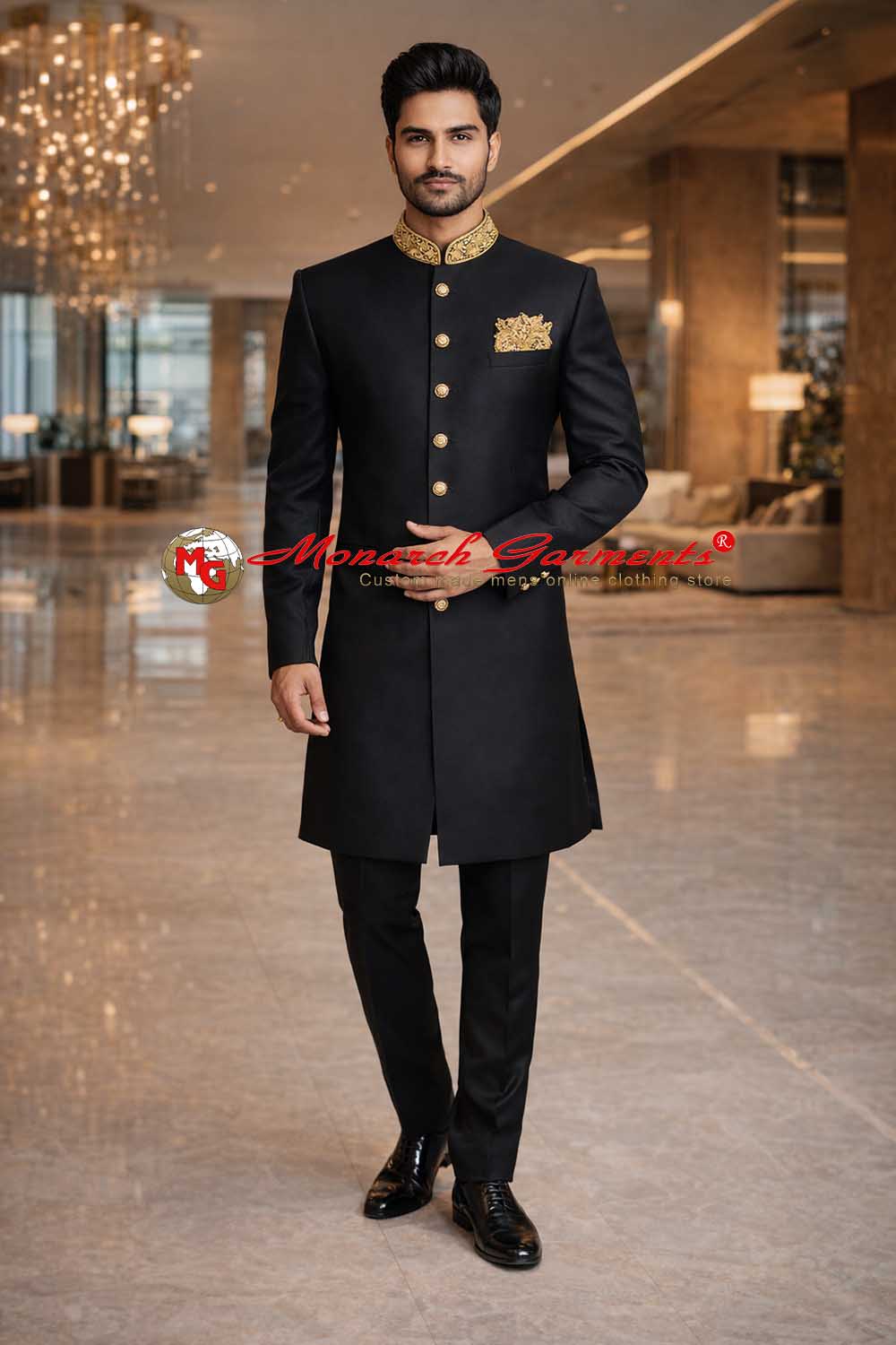 Black Indo Western suit for men with gold embroidered collar and silk pyjama wedding outfit