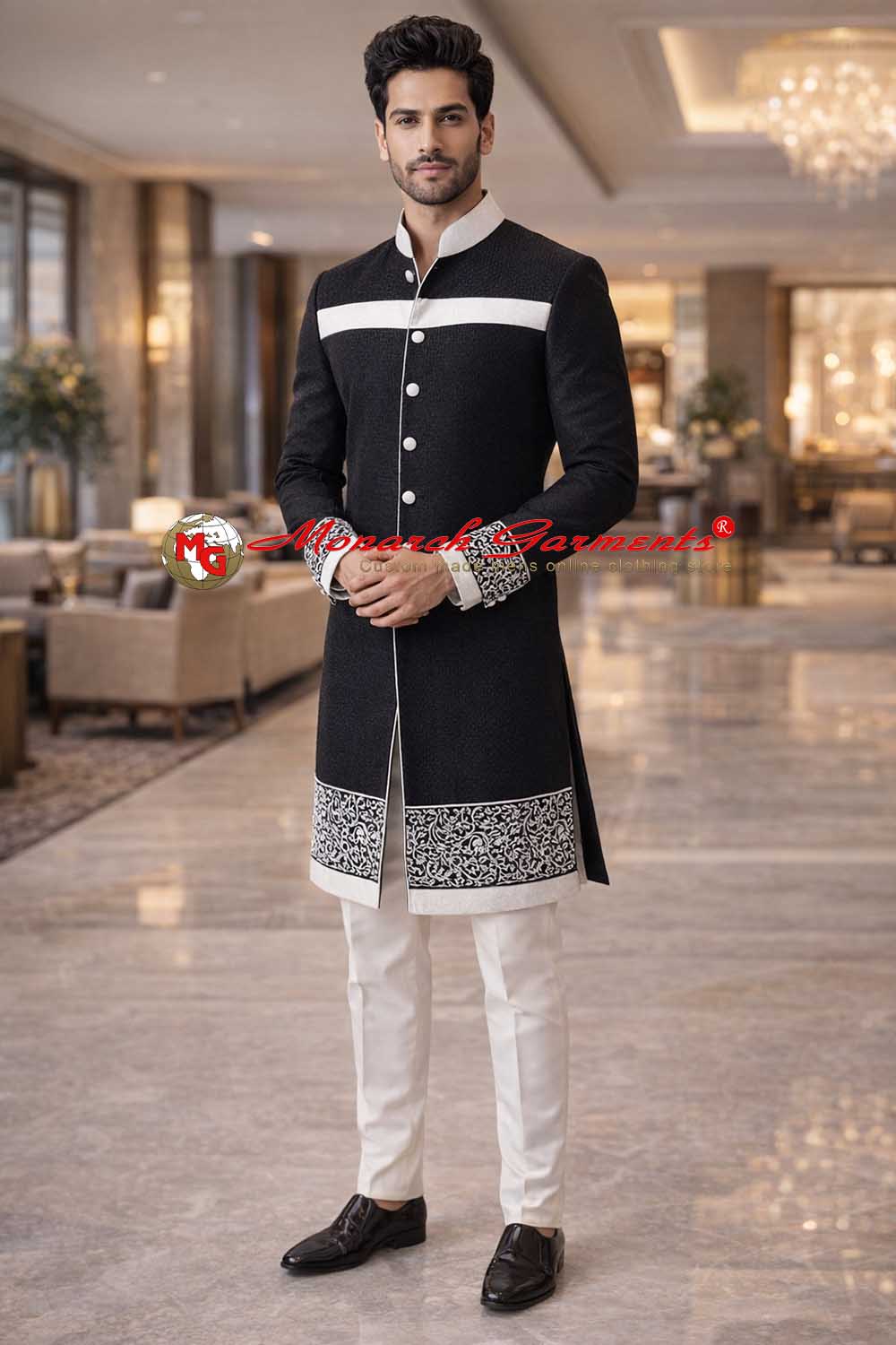 Black Indo Western suit for men with white thread embroidery and cream trousers for wedding and formal wear