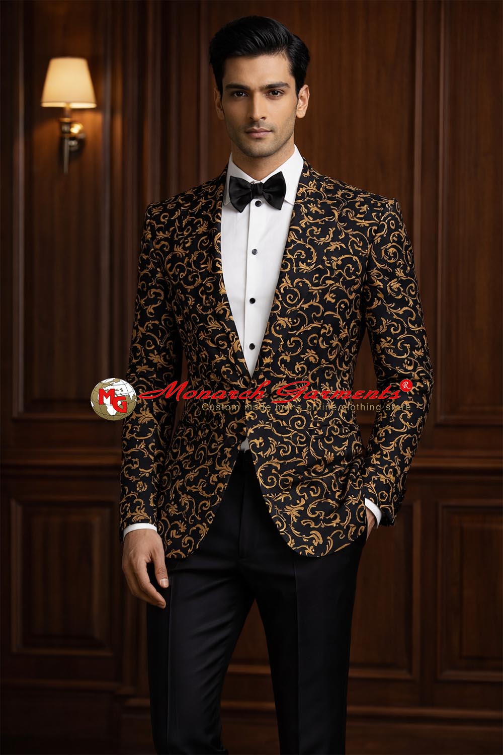 Men's black jacquard slim fit designer blazer by Monarch Garments