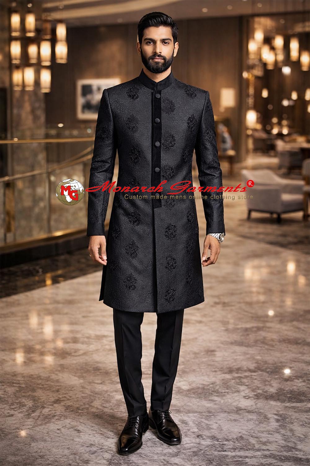 Black jacquard paisley embroidered groom sherwani with matching trousers for wedding