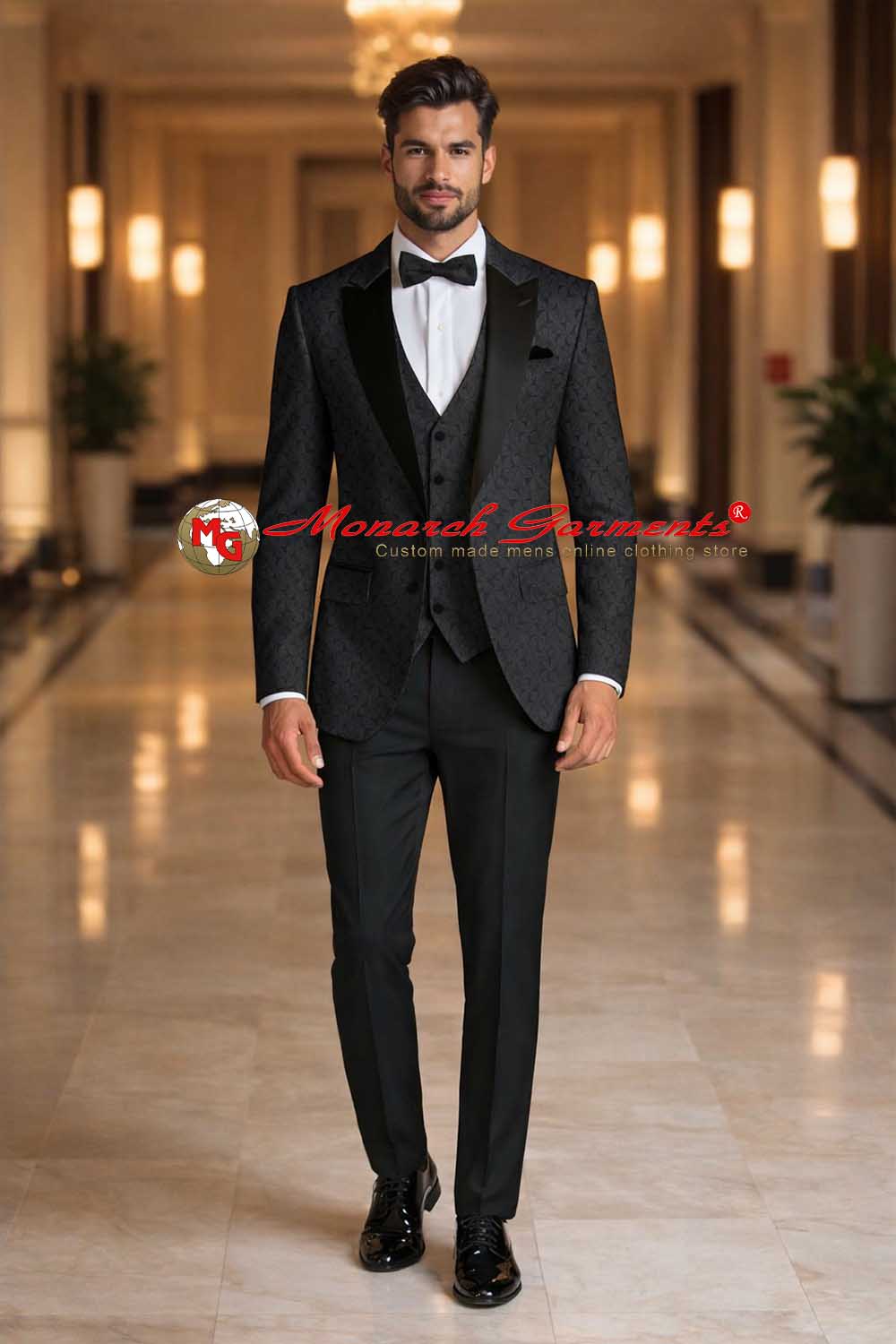 Black jacquard tuxedo suit for men with satin shawl lapel slim fit wedding wear India