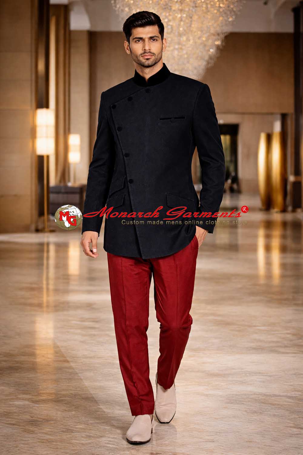 Black Jodhpuri breeches suit for men with red trousers and bandhgala jacket by Monarch Garments for Indian weddings and formal occasions