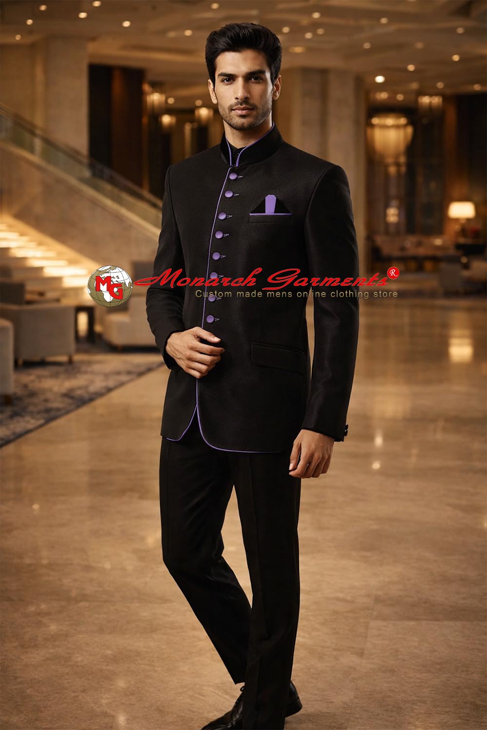 Black Jodhpuri suit for men with copper piping formal wedding wear