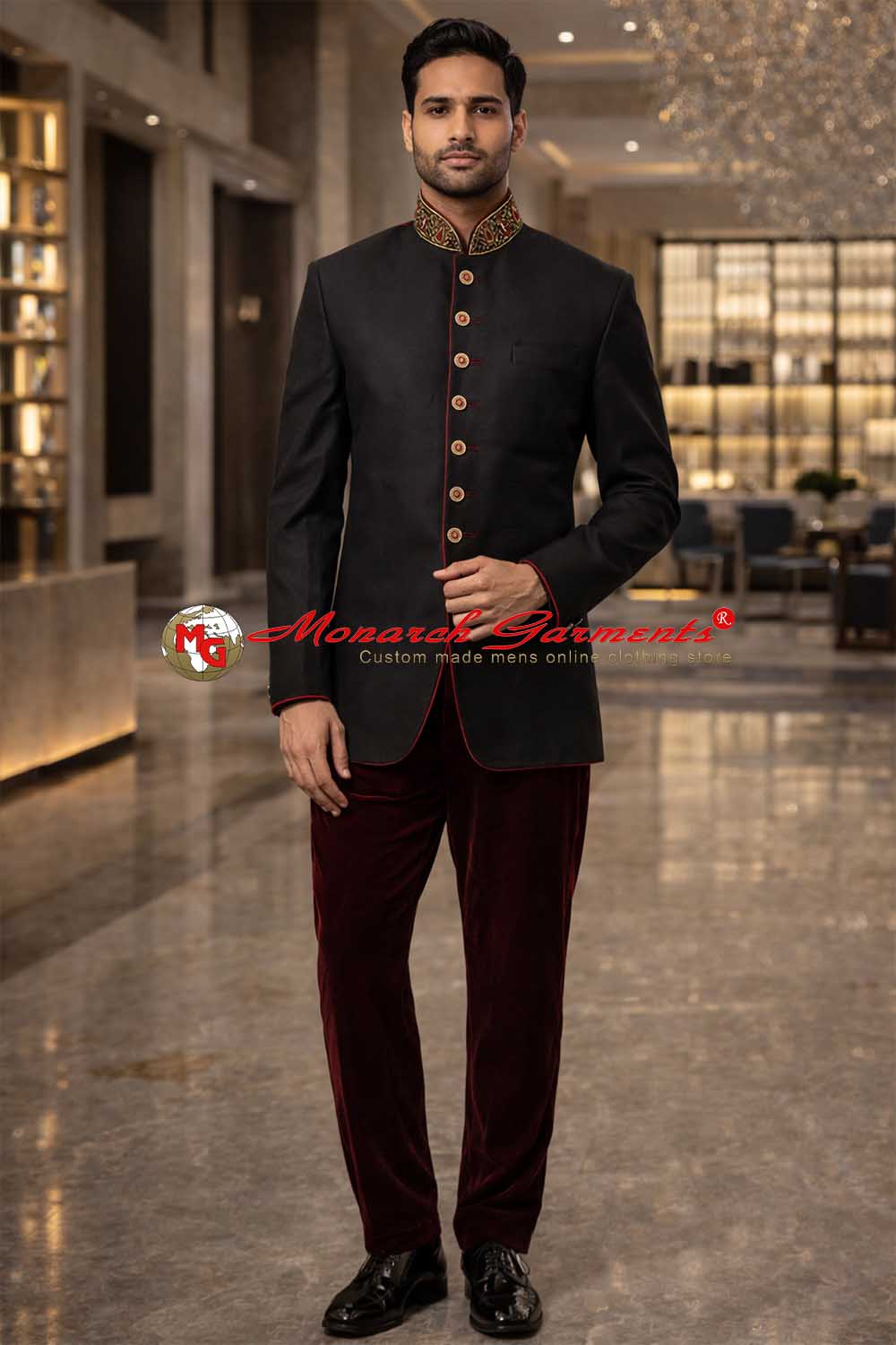 Black Jodhpuri suit with maroon trimming and maroon pants designer bandhgala wedding suit for men Monarch Garments