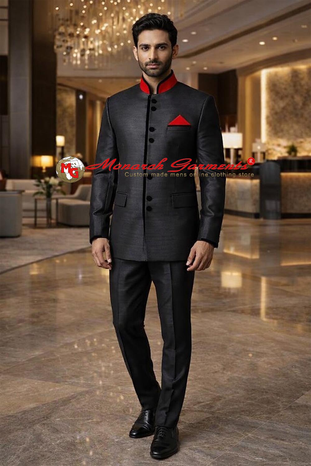 Black Jodhpuri suit for men with red collar and velvet trimming bandhgala by Monarch Garments India