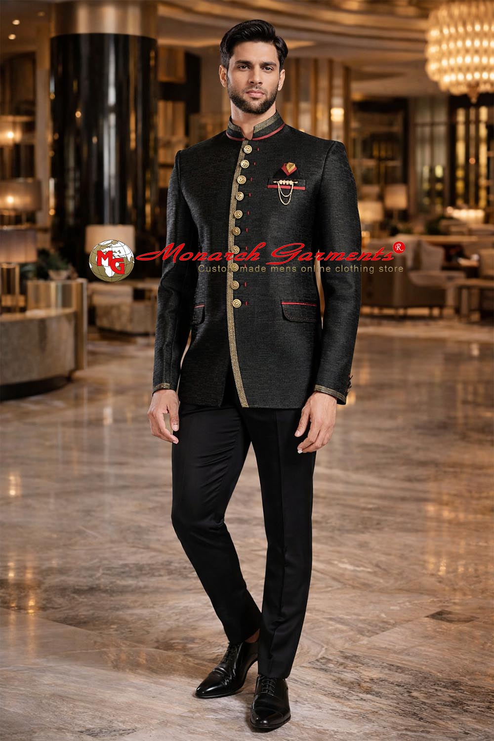Black Jodhpuri suit for men with red and golden trimming 10 button bandhgala by Monarch Garments India