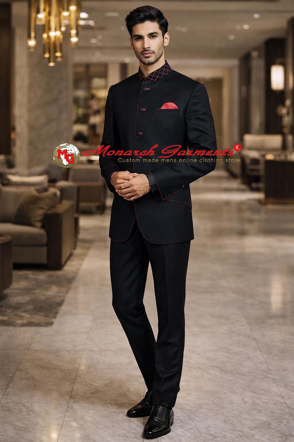 Black Jodhpuri suit for men with red threading and stylish cuffs bandhgala by Monarch Garments India