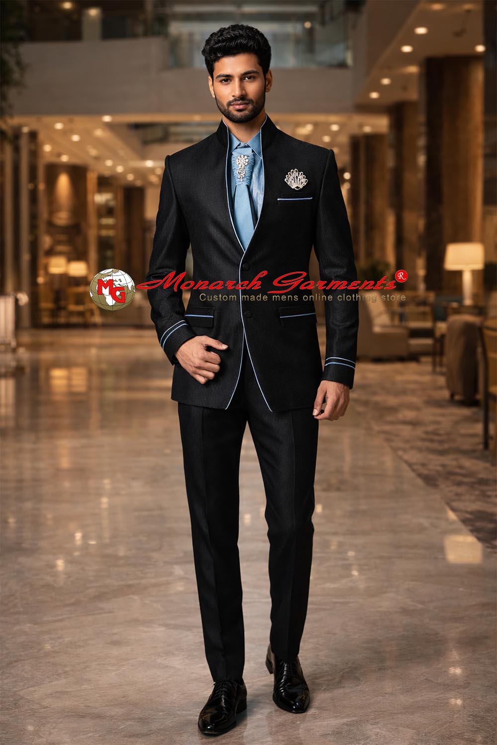 Black Jodhpuri suit for men with sky blue trimming high neck bandhgala by Monarch Garments India