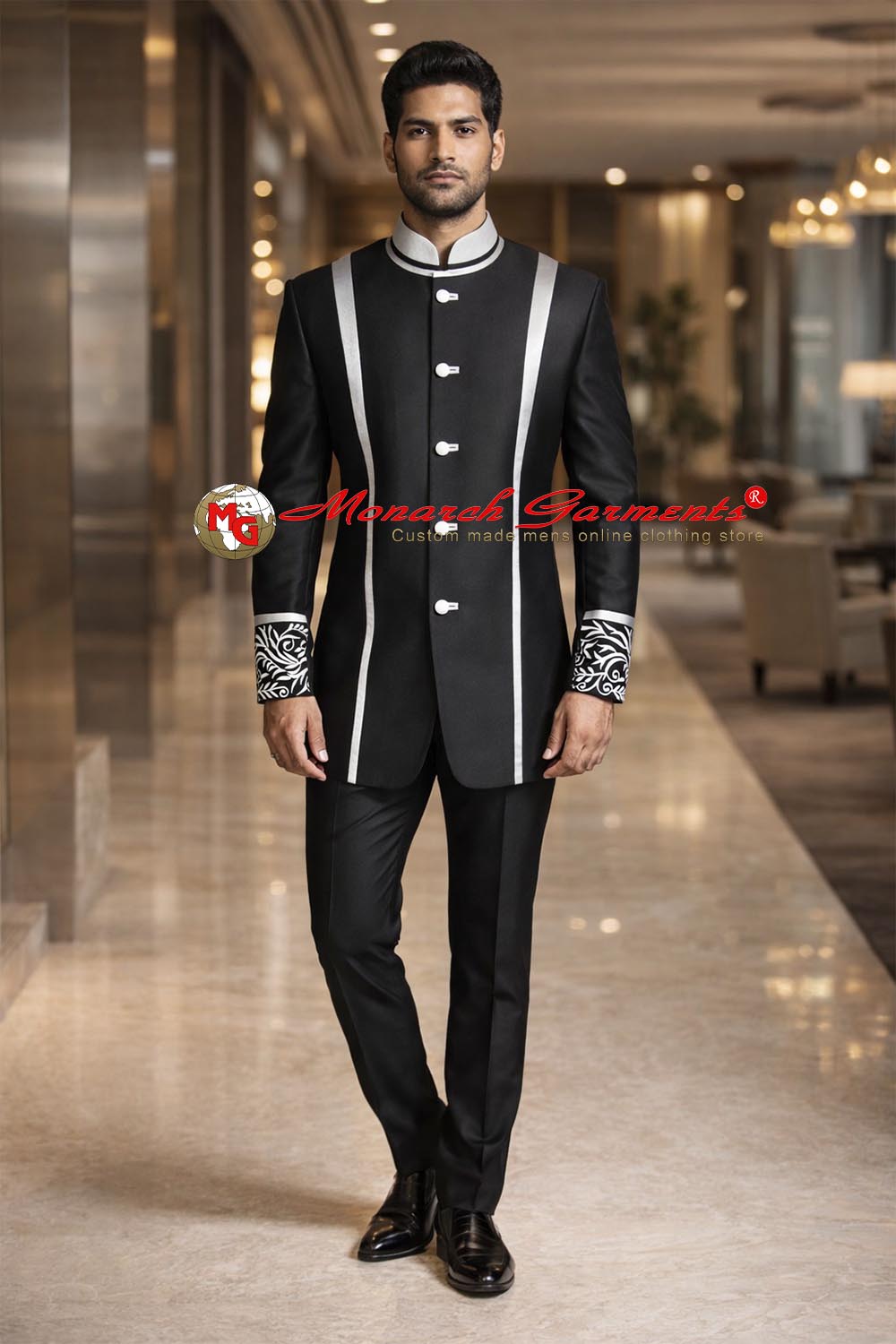 Black Jodhpuri suit for men with white satin detailing and cuff design by Monarch Garments India