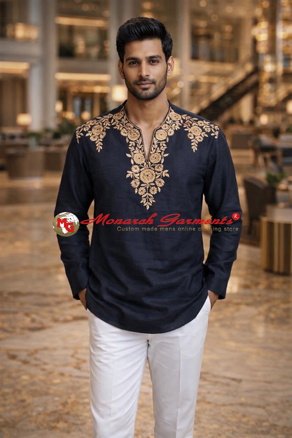 Black embroidered linen short kurta for men V-neck festive wedding wear India