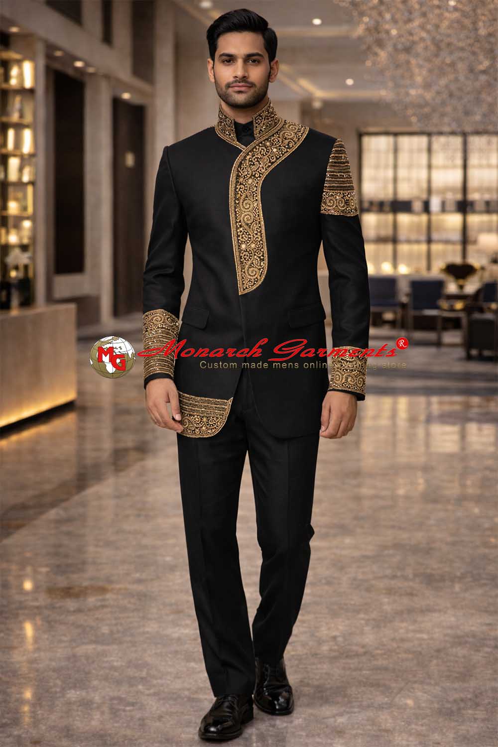 Black linen heavy embroidered Jodhpuri suit for men stand collar concealed button wedding outfit Monarch Garments