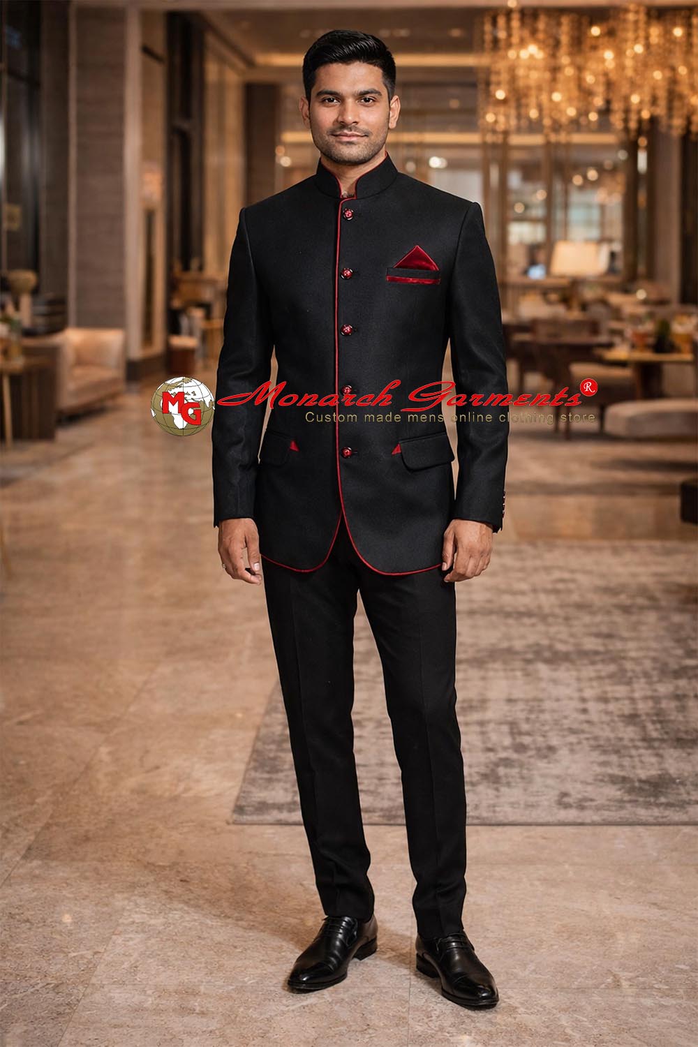 Black linen Jodhpuri suit for men with red velvet piping bandhgala by Monarch Garments India